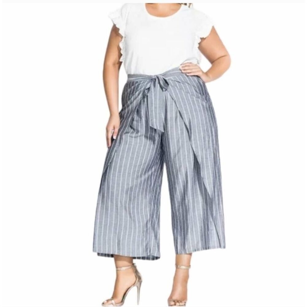 City Chic Pant Simply Swish Wide Leg Cropped Chambray Women Plus 18 1X Pinstripe